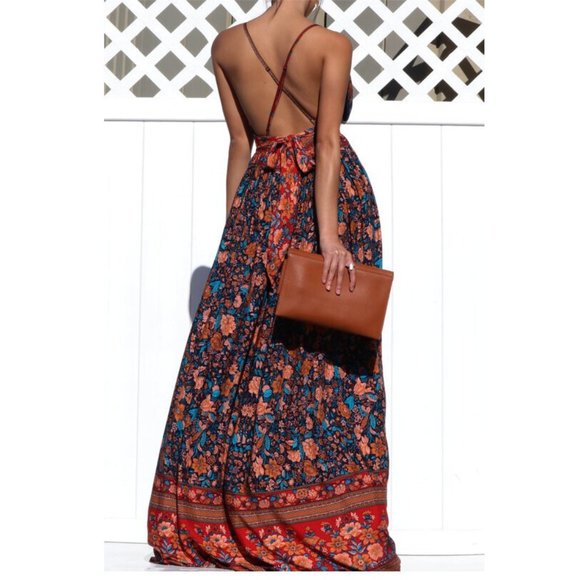 Boho Gypsy Floral Print Open Back Maxi Dress Bohemian Chic Long Dress - Picture 5 of 8